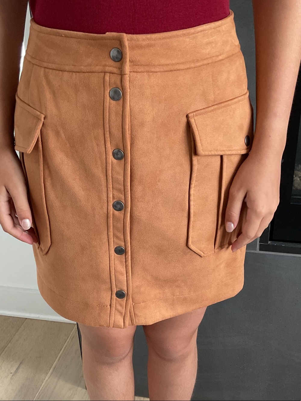 Simili Suede Button-Front Mini Skirt in Tan